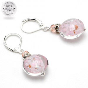 Boucles d'oreilles dormeuses aventurine rose en veritable verre de murano de venise 