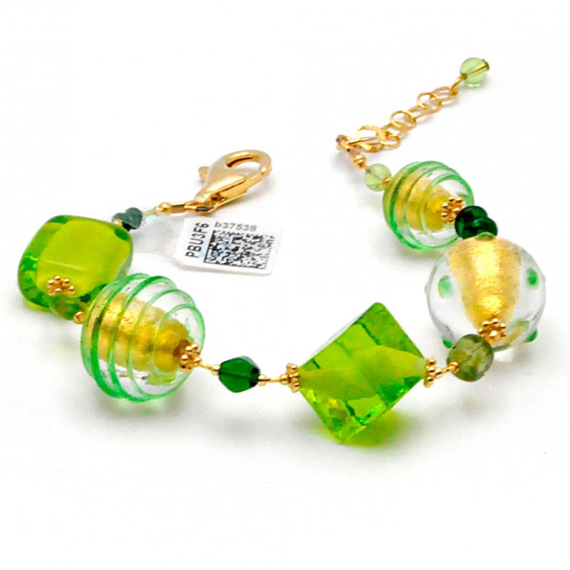 Pulseira verde e ouro genuíno de cristal de murano de veneza