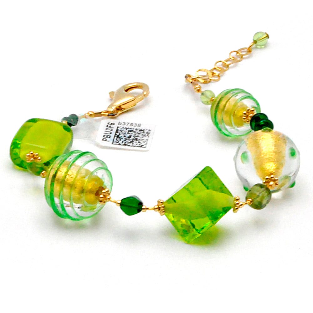 Pulseira verde e ouro genuíno de cristal de murano de veneza