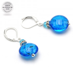 Boucles d'oreilles dormeuses bleu ciel aventurine en veritable verre de murano de venise 