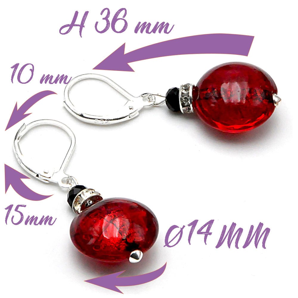 Pastiglia notte - aretes rojos gancho cerrado joyas de cristal de murano de venecia