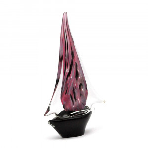 Bateau voilier fushia et noir en verre de murano