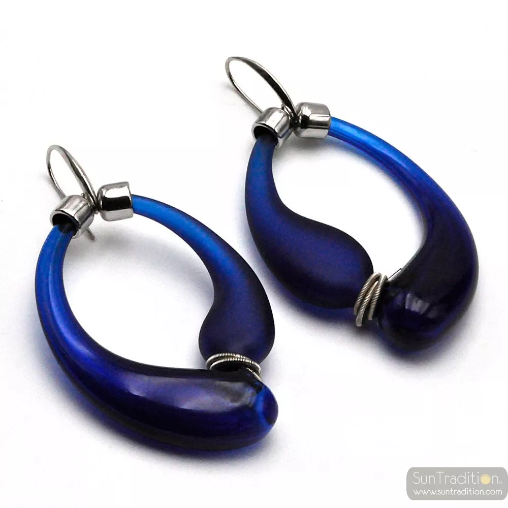 Mio black and blue satin - black and blue satin creoles earrings genuine murano de venice blown glass