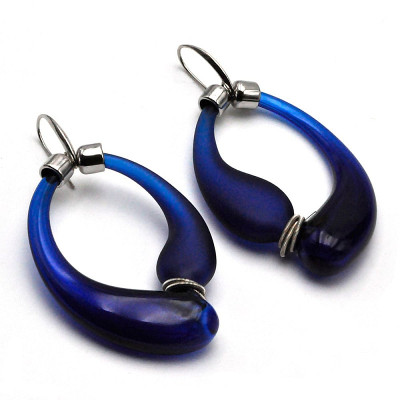 Black and blue satin creoles genuine murano blown glass earrings