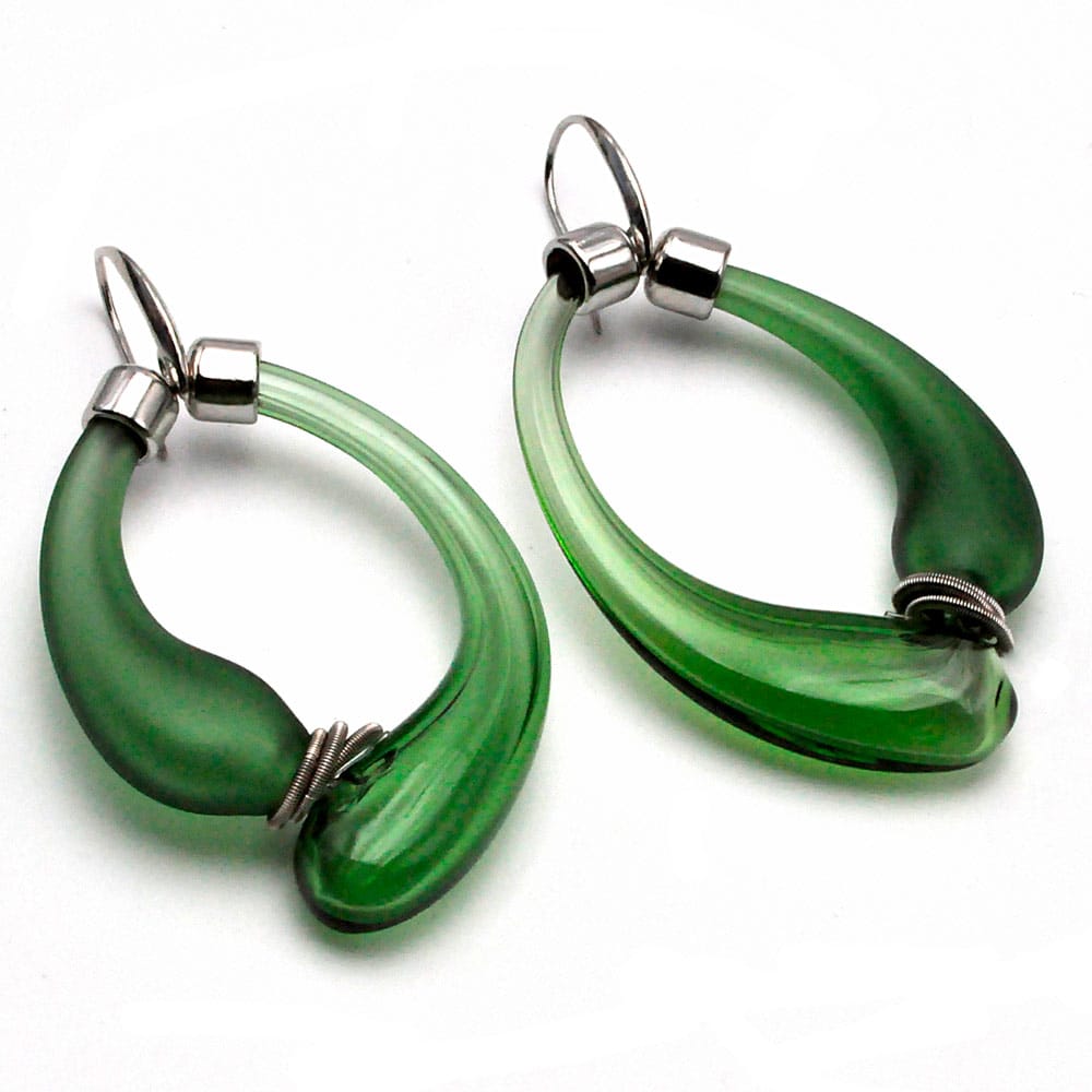 Green and satin creoles earrings real blown murano glass from venice