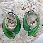 Green and satin creoles earrings real blown murano glass from venice