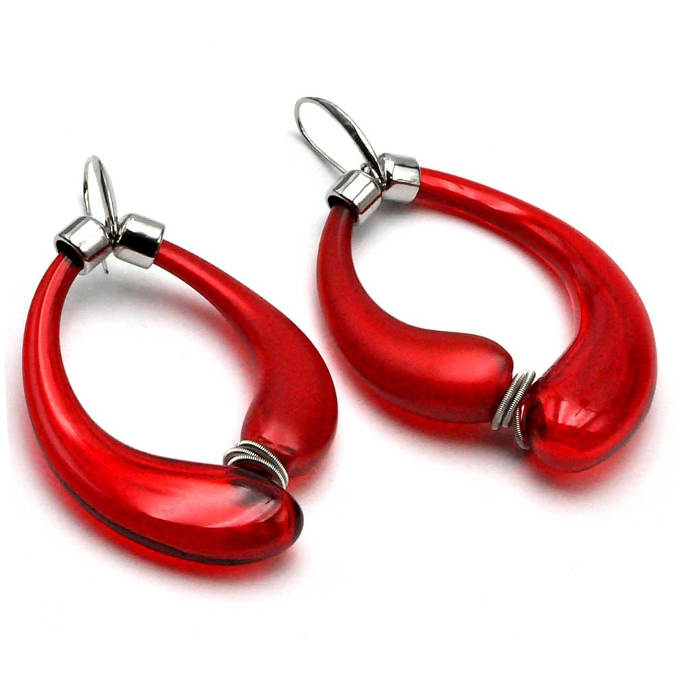 Mio satin red - red satin creoles blown murano glass earrings from venice