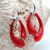 Red satin creoles blown murano glass earrings from venice