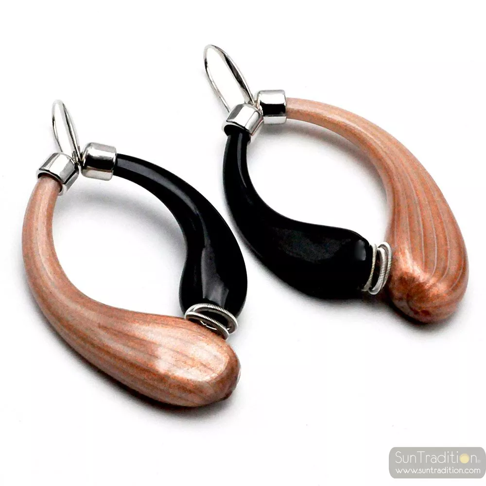 Mio black and brown aventurine - black and brown creoles aventurine earrings genuine blown murano glass from venice