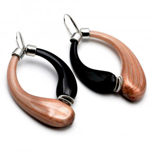 Mio noir et marron aventurine - boucles d'oreilles creoles noir et marron aventurine veritable verre soufflé de murano de venise