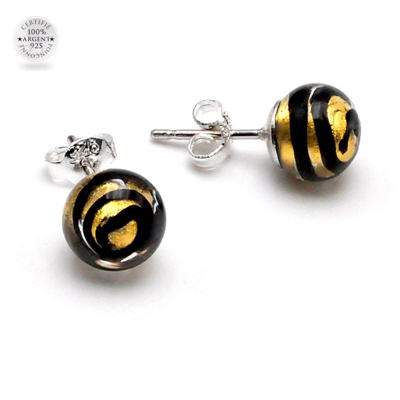 Boucles d'oreilles clou or tourbillon noir en veritable verre de murano de venise