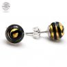 Black gold tourbillon stud earrings in real venice murano glass