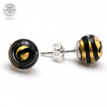 Boucles d'oreilles clou or tourbillon noir en veritable verre de murano de venise