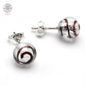 Boucles d'oreilles clou argent tourbillon noir en veritable verre de murano de venise