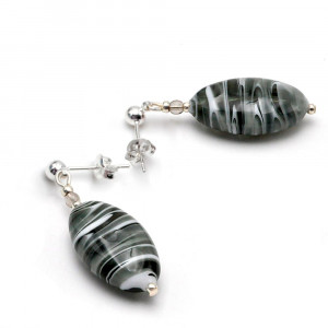 Boucles d'oreilles clous argent grise en veritable verre de murano de venise