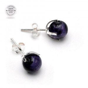 Boucles d'oreilles clou gaia bleu violet en veritable verre de murano de venise