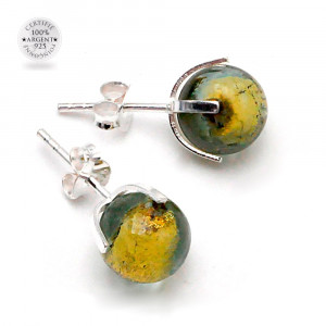 Boucles d'oreilles clou gaia gris vert en veritable verre de murano de venise