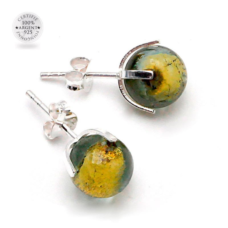 Boucles d'oreilles clou gris vert en veritable verre de murano de venise