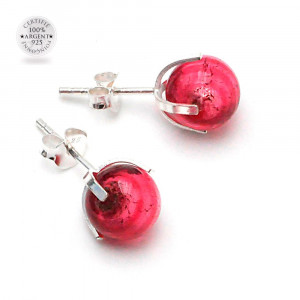 Boucles d'oreilles clou gaia rubis en veritable verre de murano de venise