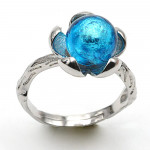 Silver flower ring with light blue pearl in murano glass