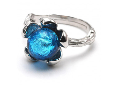 Bague fleur argent massif et perle bleue clair en verre de murano