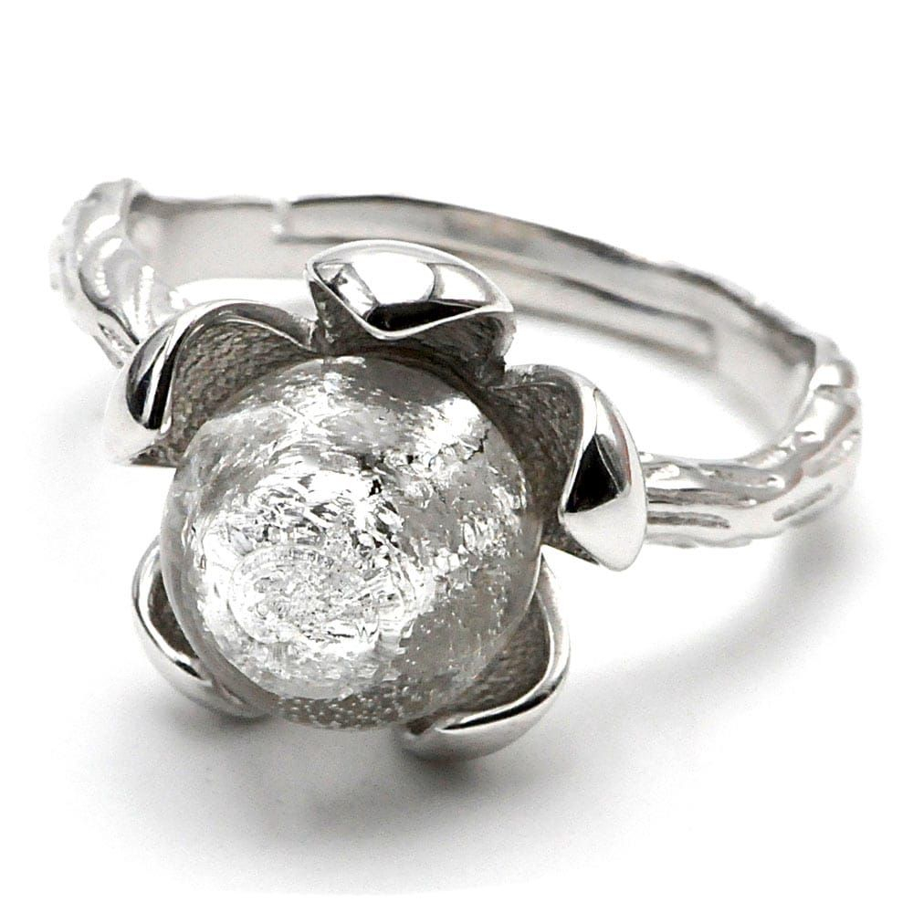 Anello fiore d'argento e perla d'argento in vetro di murano