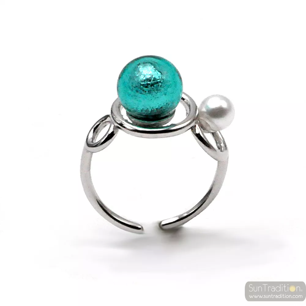 Ring you and me silver and blue turquoise pearl in murano glass