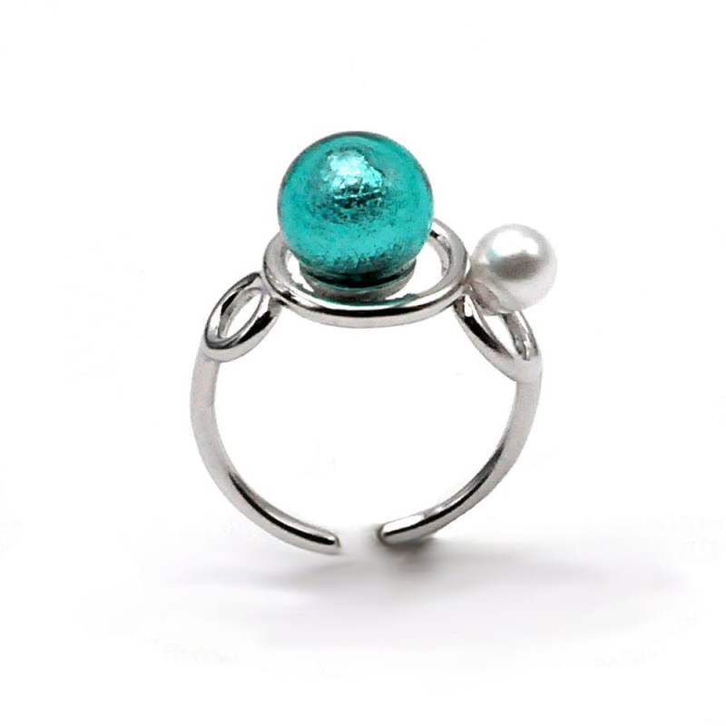 Ring you and me silver and blue turquoise pearl in murano glass