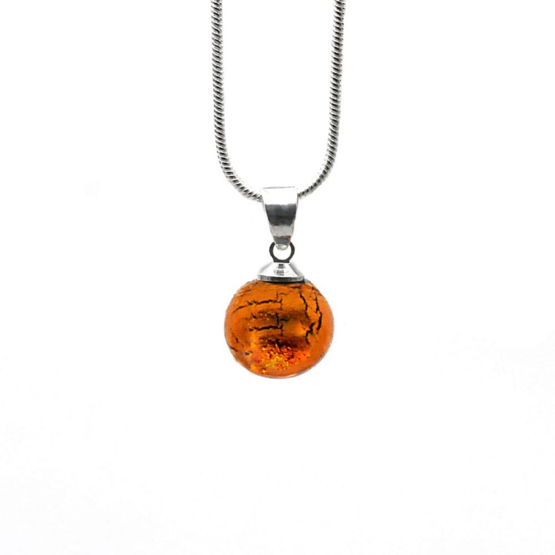 Pendentif perles verre ambre et collier argent 925