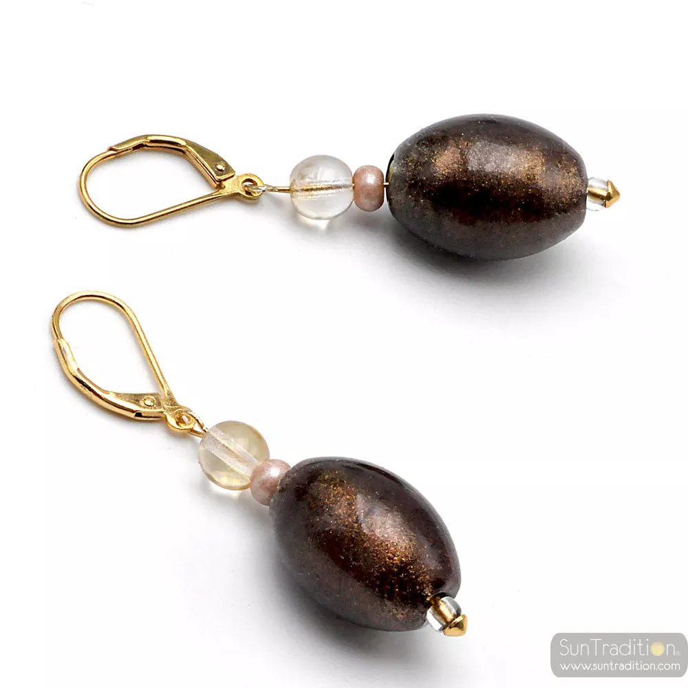 Little brown - brown aventurine sleeping earrings in genuine murano glass from venice