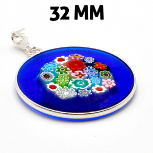 Pingente de murano, vidro murrine millefiori, azul e prata