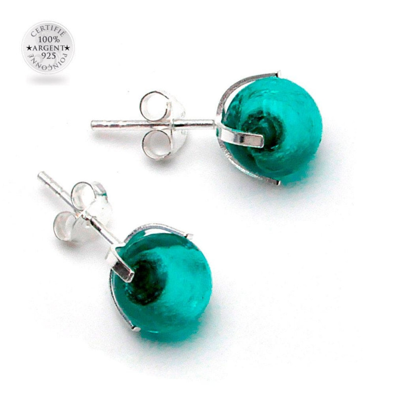 Boucles d'oreilles clou turquoise en veritable verre de murano de venise