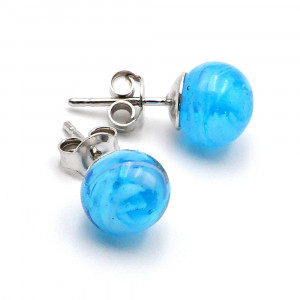 Boucles d'oreilles clou bleu azur en veritable verre de murano de venise