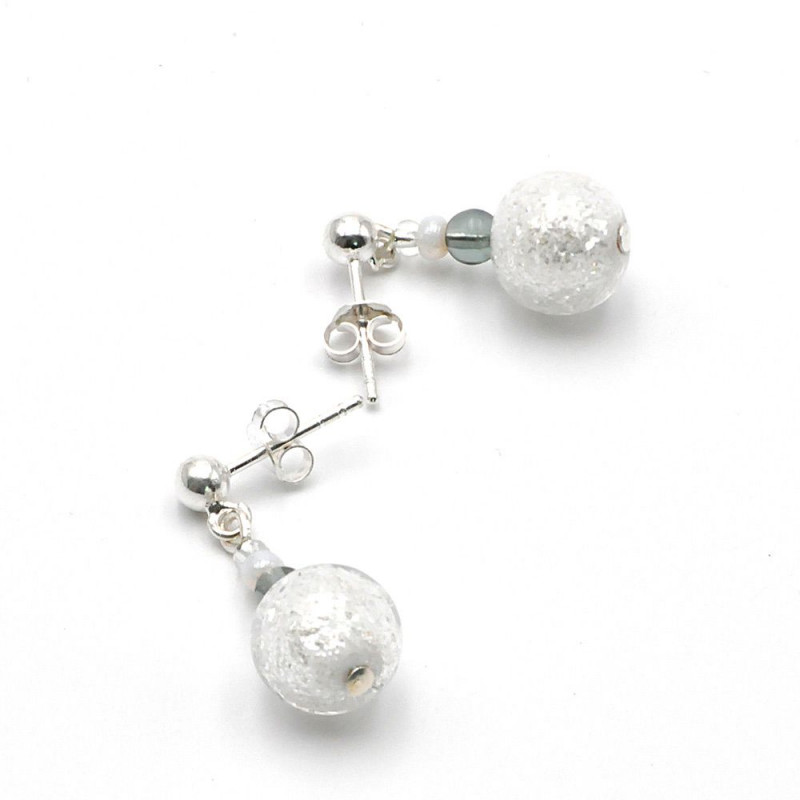 Neve silver - white and silver earrings in real venice murano glass