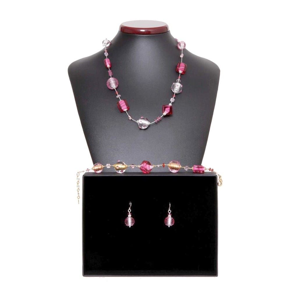 Jojo rosa e argento - parure collana corta in autentico vetro di murano venezia
