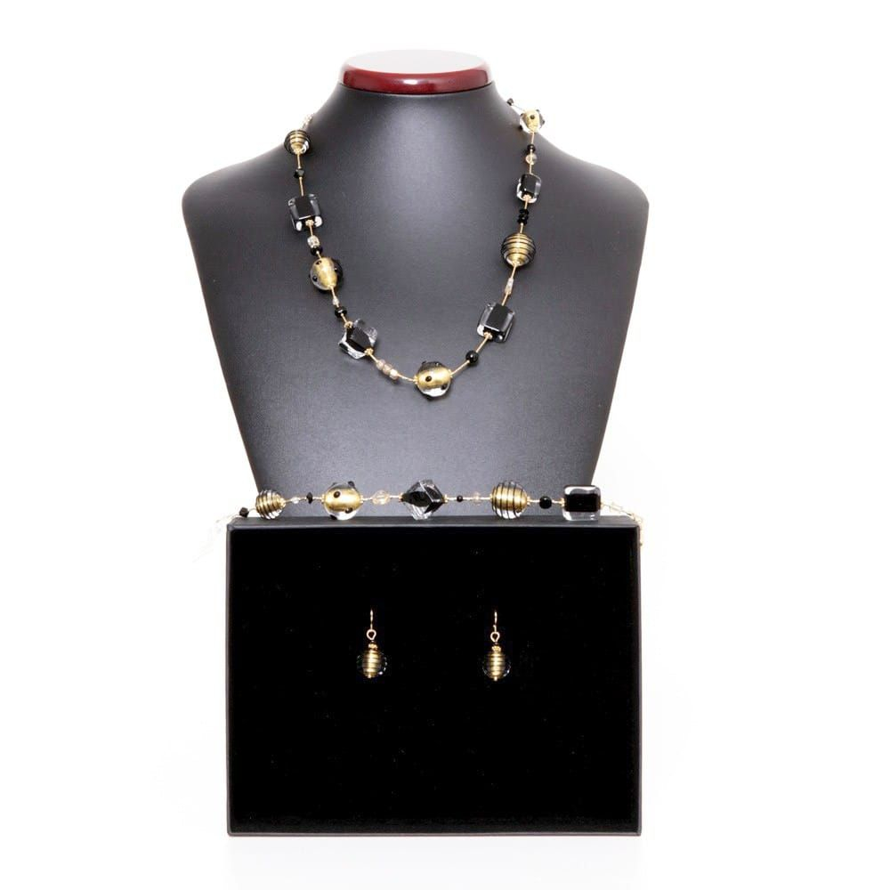 Conjunto de joyas genuino cristal de murano negro y oro venecia jo-jo 