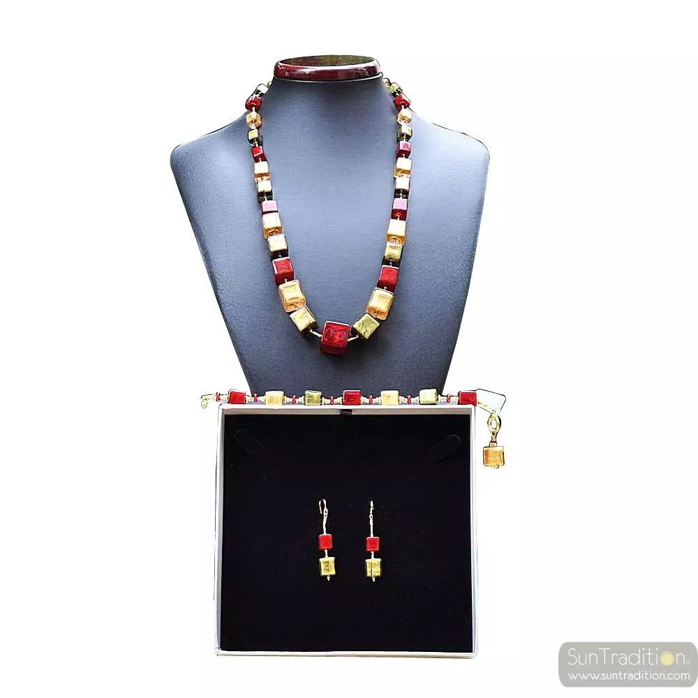 Degraded cubes red and gold - red and gold murano glass jewellery set in real glass murano venice