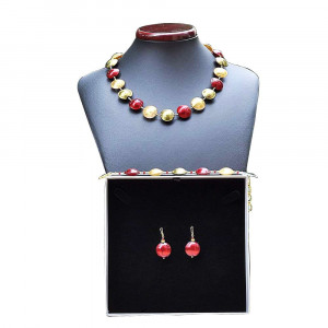 Pastiglia rojo y oro - conjunto de joyas genuino cristal de murano de venecia