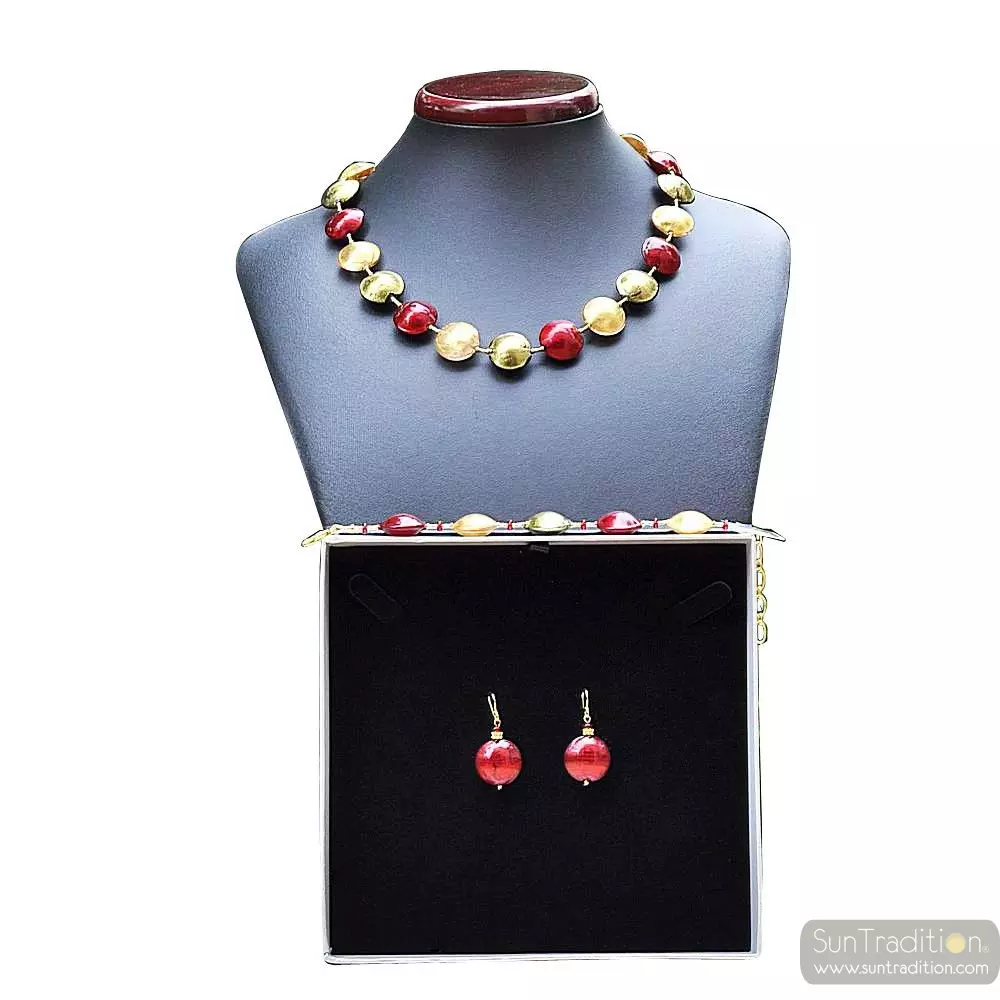 Pastiglia red and gold - red and gold murano glass jewellery set in real venitian glass
