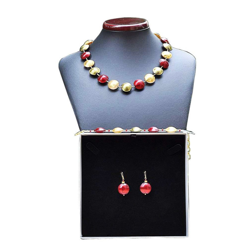 Conjunto rojo y oro de joyas genuino cristal de murano de venecia