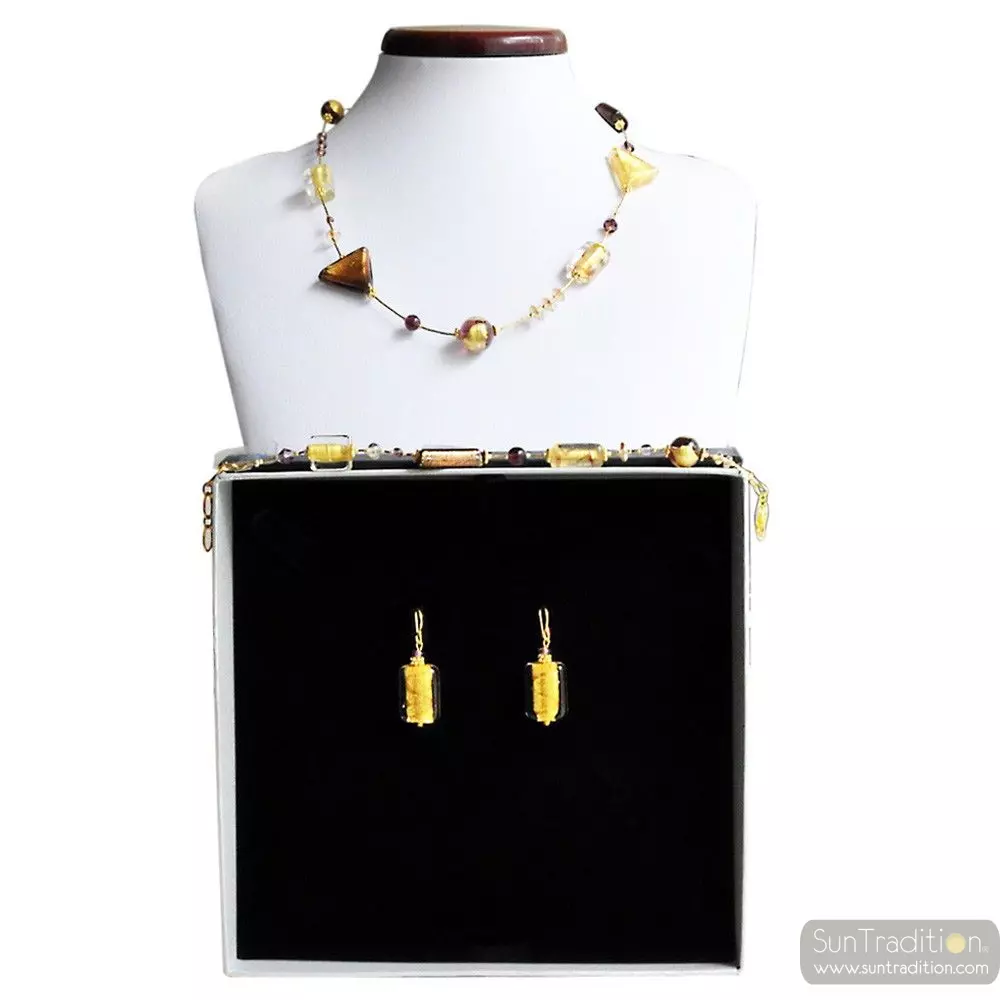Asteroide amber - amber gold jewellery set genuine murano glass