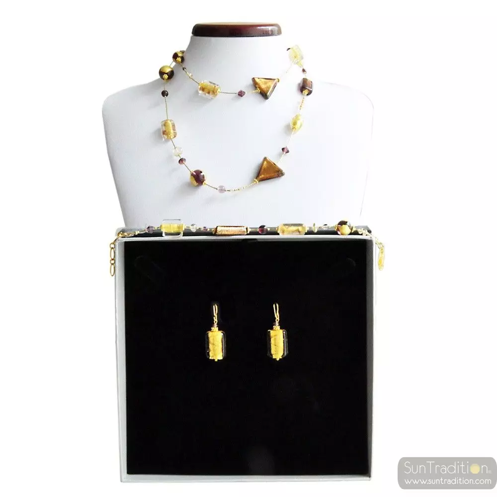 Asteroide amber long - amber murano glass jewellery set
