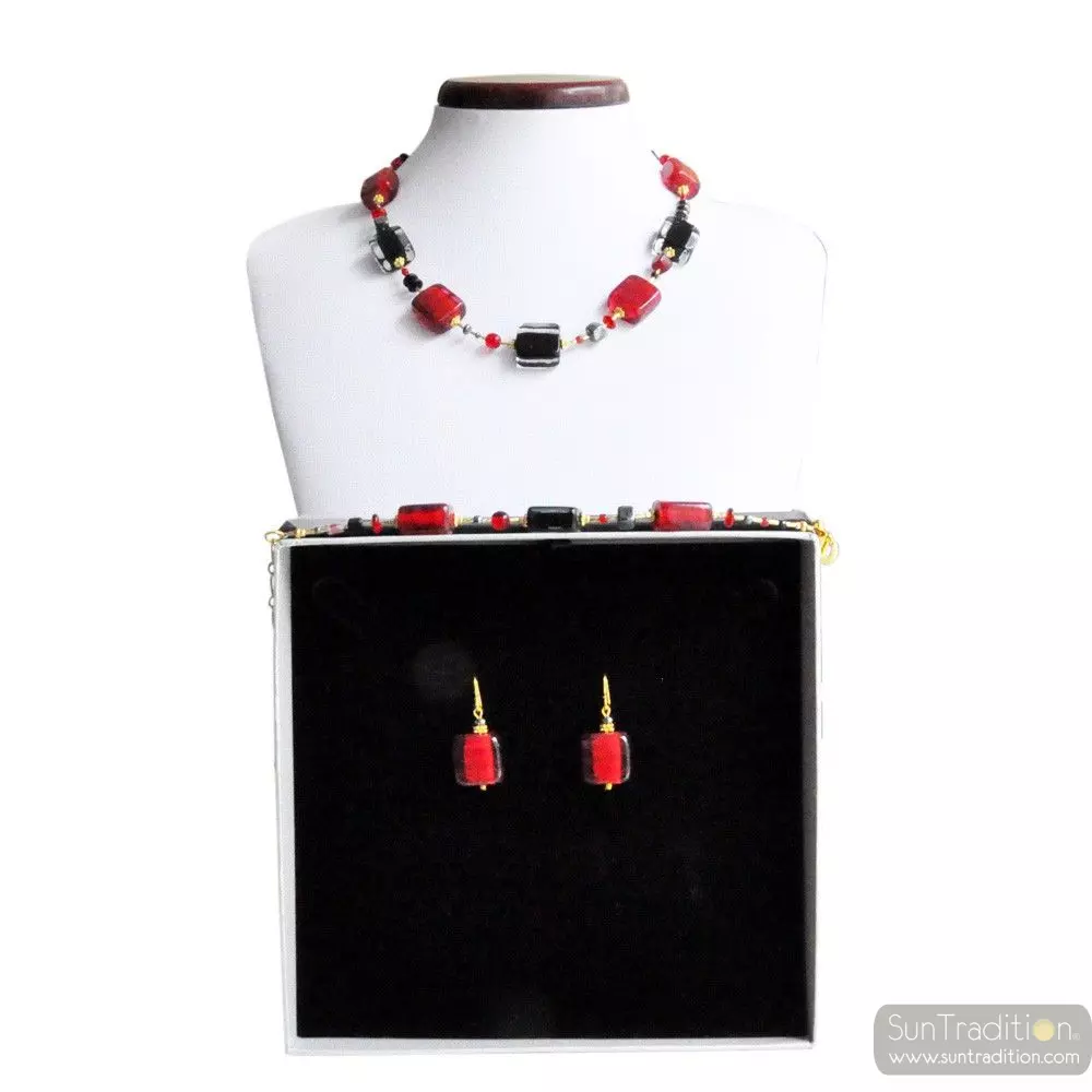 Schissa red and black - red murano glass jewellery set genuine venitian glass