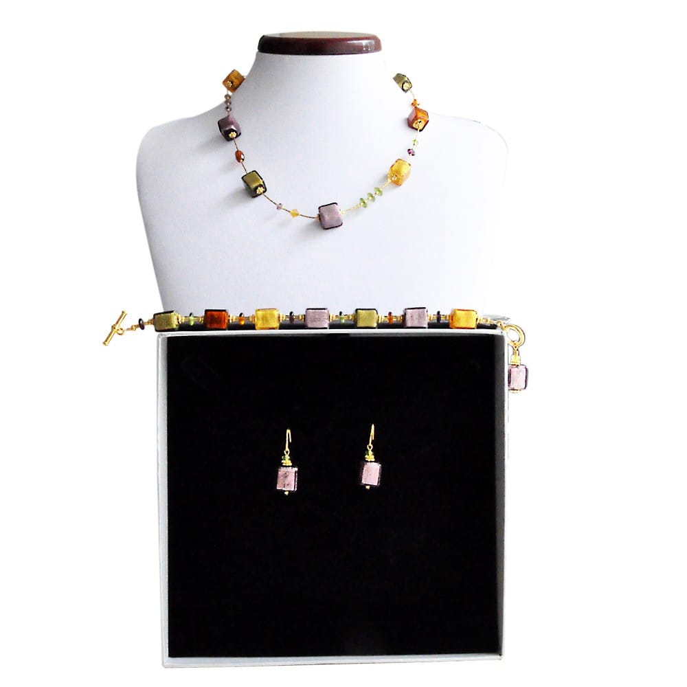 Amber gold and parma murano glass jewelry set genuine murano glass