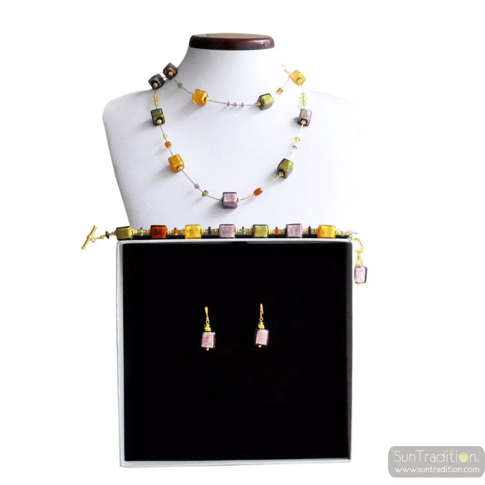 America long amber - gold and parma jewellery set genuine murano glass