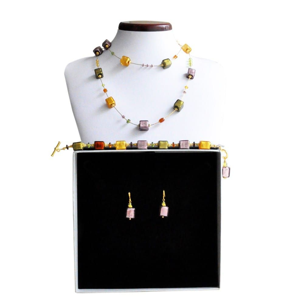 Conjunto de joyería collar largo ambar oro y parma genuino cristal de murano de venecia