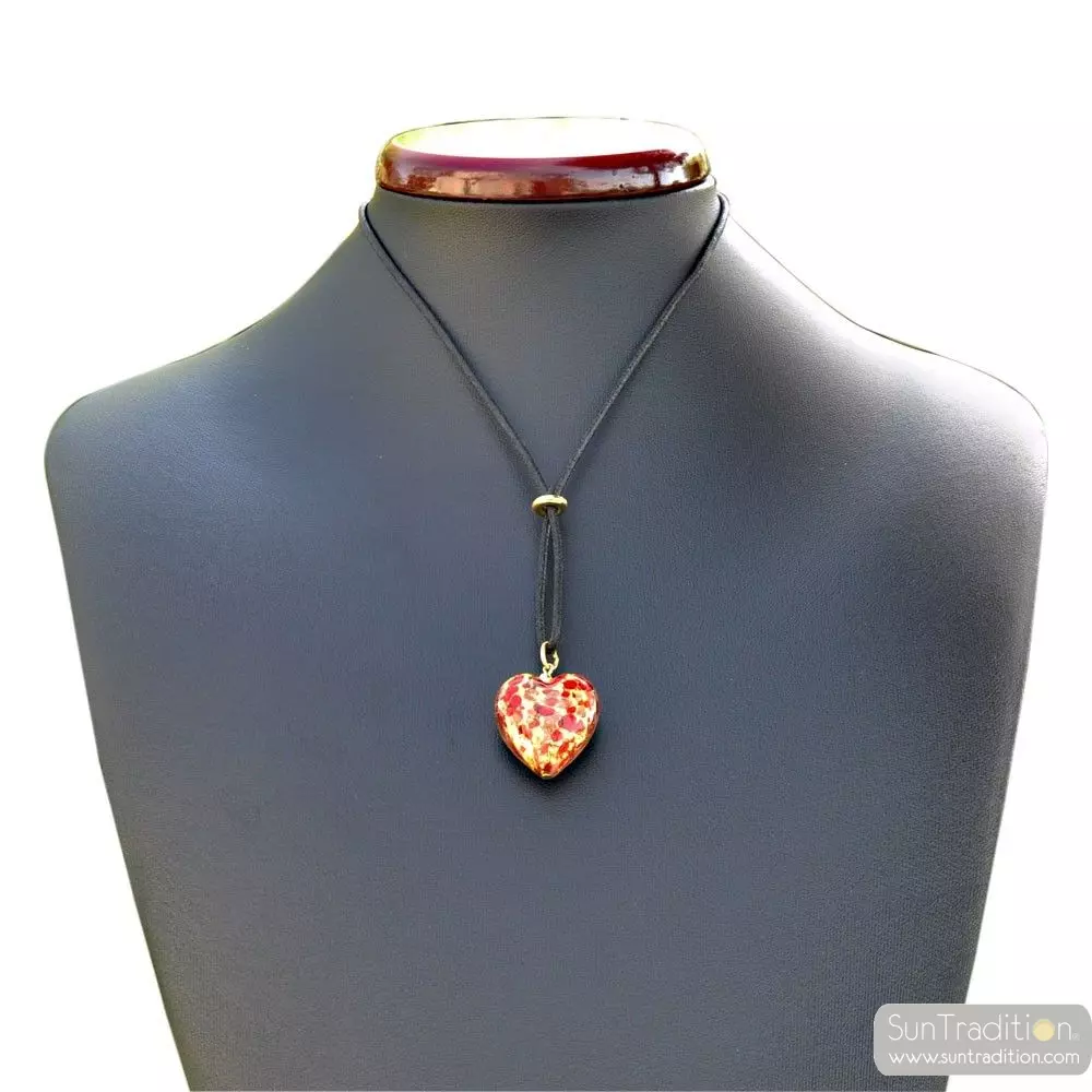 Red and gold heart pendant necklace genuine murano glass venice