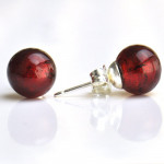 Dark red murano glass earrings round button nail genuine murano glass of venice